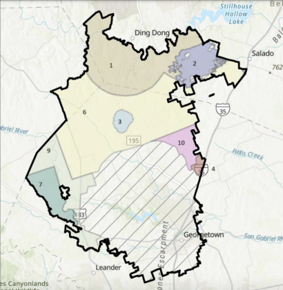 This map shows Georgetown’s water utility range. Areas 6, 9 and 10 are the three areas not included in a nearby city’s extraterritorial jurisdiction. Currently, there is interest from 4 or 5 water providers in these land parcels. The land that is marked with stripes will remain in Georgetown’s water territory. (Map courtesy City of Georgetown)