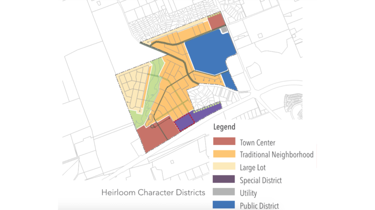 This map details the types of development that will be within Heirloom. The purple special district will hold commercial businesses, and the blue public district will hold a new Georgetown ISD school. (Photo courtesy the City of Georgetown)