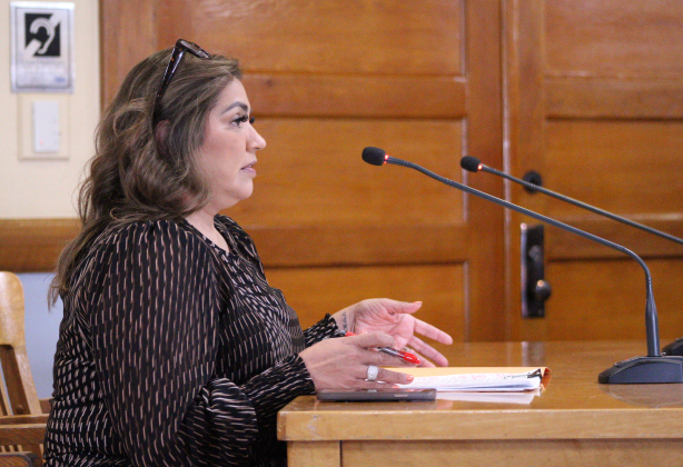Williamson County Elections Administrator Bridgette Escobedo explained how the new congressional precincts were drawn during the October 28 Commissioners Court meeting. Photo by Nalani Nuylan.