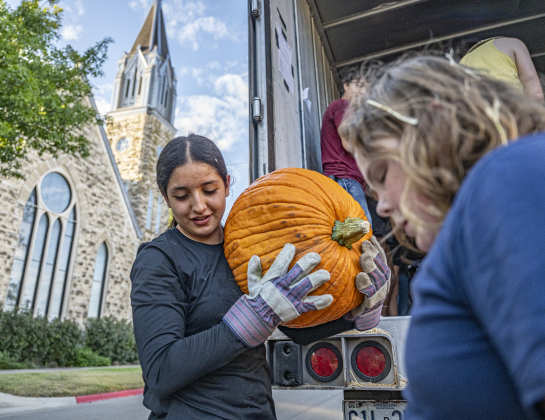 15-year-old  Valentina Sanchez was among the volunteers helping unload more than 3,000 pumpkins at Georgetown First United Methodist Church on Wednesday afternoon, October 8, 2025. 