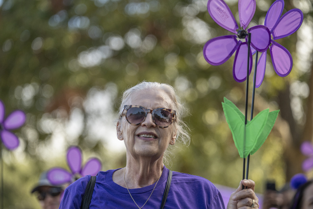 Amy Fritz was one of 500-600 participants in the Walk to End Alzheimer’s, held at Southwestern University on  Saturday morning, October 18, 2025.  She walked to honor her mother and grandmother.  The event was coordinated by the Alzheimer’s Association Capital of Texas Chapter.   Photo by Andy Sharp.