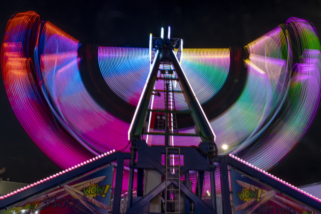 A carnival ride is filled with color at the Williamson County Fair on Wednesday, October 22, 2025. Held at the Williamson County Expo Center, the fair and rodeo continues through Saturday.   Photo by Andy Sharp.