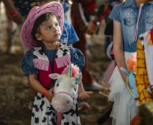 3-year-old Mae Martinez gets ready to ride her stick horse in the stick horse competition for kids  at the Williamson County Fair on Wednesday, October 22, 2025. Held at the Williamson County Expo Center, the fair and rodeo continues through Saturday.   Photo by Andy Sharp.