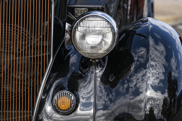 The front portion of a 1936 Ford owned by Rusty Burns of Thrall shines in the morning light during the 12th  Annual Main Street Car Show held in downtown Taylor on Saturday, October 25, 2025.   Photo by Andy Sharp.