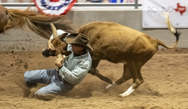  J.B. Coxx of Comanche, Texas participates in Steer Wrestling  during the Williamson County Rodeo  on Thursday, October 23, 2025.  The three-night rodeo is held along with the Williamson County Fair at the Williamson County Expo Center.   Photo by Andy Sharp. 