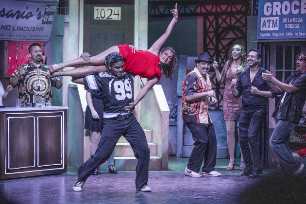 Isaiah Choice, playing Graffiti Pete, and Anai  Lopez, as Vanessa,  are pictured in a scene from the Thursday, October 2, 2025 dress rehearsal for “In the Heights,” playing on the Palace Springer Stage through November 2nd.  Photo by Andy Sharp.