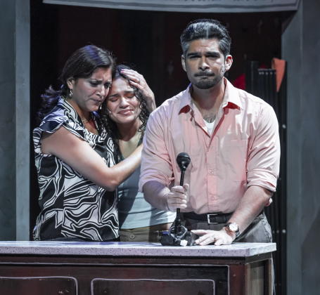 Veronica DeSantos Ryan, left, as Camila, Isabella Monette, center, playing Nina, and Zachary Gonzales, as Kevin,  are pictured in a scene from the Thursday, October 2, 2025 dress rehearsal for “In the Heights,” playing on the Palace Springer Stage through November 2nd.  Photo by Andy Sharp.