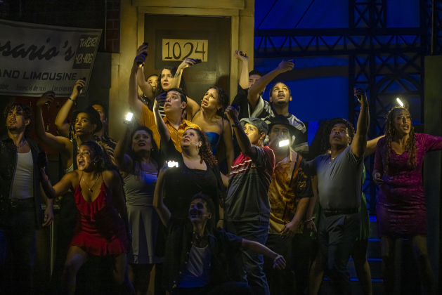 Cast members  are pictured in a second act scene from the Thursday, October 2, 2025 dress rehearsal for “In the Heights,” playing on the Palace Springer Stage through November 2nd.  Photo by Andy Sharp.