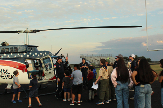 The Air Evac Lifeteam-66 from Killeen lands on the Florence ISD football field to explain its mission to students as part of National Night Out.