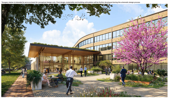 This rendering shows some of the cosmetic changes made to the outside of the original building with one of the new 10,000 square foot additions that would be added to integrate the building into the area. (Rendering courtesy Texas Municipal League)
