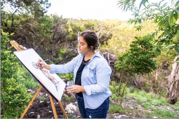 Artist Emily Tolipova paints in the Texas Hill Country.
