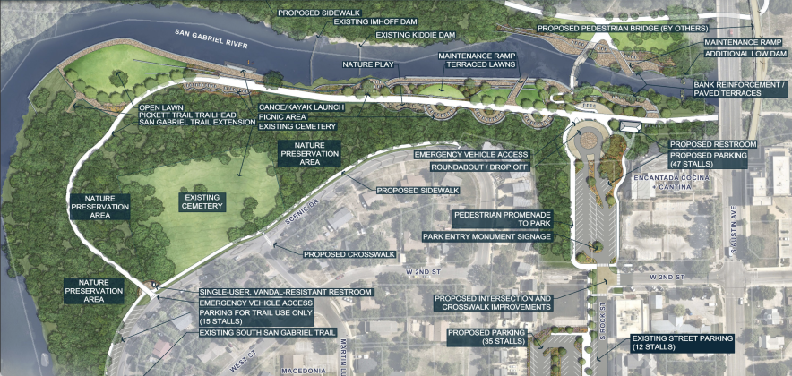 The final design concept for the Blue Hole Park Master Plan preserves the cemetery, creates more picnic spaces and improves parking availability. (Rendering courtesy of Halff)