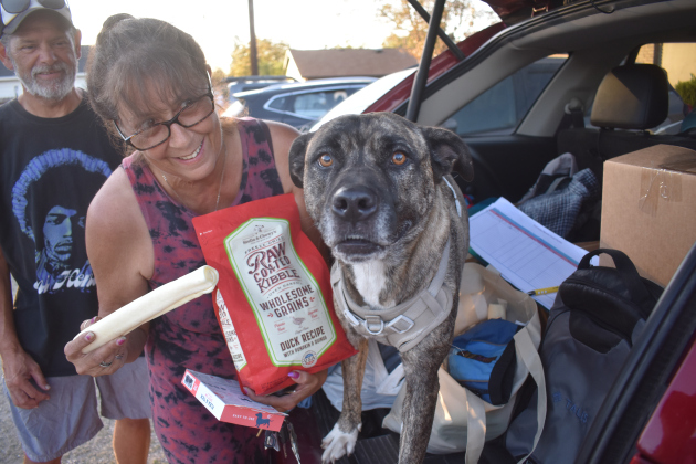 Furrbaby Dog Food Pantry volunteer Liz Taylor keeps dogs happy with food available at the weekly Kat Kares dinner for their humans. Photo by Katherine Hamilton.