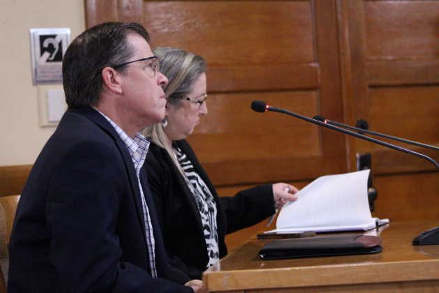 Michael Thane, executive director of public works for the City of Round Rock, front, is joined by Chelsea Solomon, water utilities director City of Georgetown, to talk about the Williamson County Water Study. Photo by Nalani Nuylan.