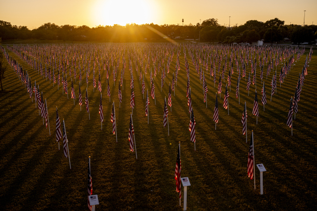 The sun begins to go down at the Georgetown Field of Honor in San Gabriel Park  on Saturday evening, November 8, 2025.  Sponsored by the Rotary Club of Georgetown Foundation, the Field of Honor, in its 9th year, will continue until November 16th.
