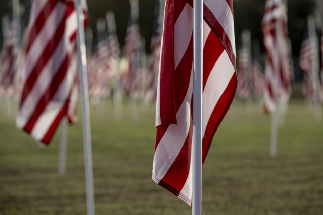 Late-day light falls on  flags at the Georgetown Field of Honor in San Gabriel Park  on Saturday evening, November 8, 2025.  Sponsored by the Rotary Club of Georgetown Foundation, the Field of Honor, in its 9th year, will continue until November 16th.