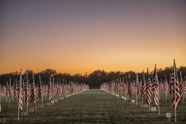 Late-day light envelops  a field of American flags at the Georgetown Field of Honor in San Gabriel Park  on Saturday evening, November 8, 2025.  Sponsored by the Rotary Club of Georgetown Foundation, the Field of Honor, in its 9th year, will continue until November 16th.