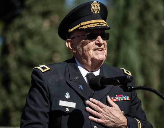 Colonel Paul F. Howe, U.S. Army Chaplain, Retired, was the Keynote Speaker during the Veterans Day observance held at the Williamson County Veterans Memorial Plaza in Sun City on Tuesday, November 11. (Photo by Andy Sharp)