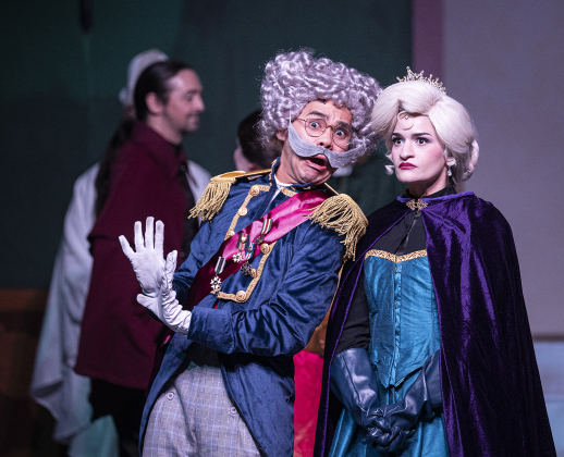 Nathan Tran, left, as Weselton, and Sara Teeter, playing Elsa, are pictured in a scene from the Thursday, November 20, 2025 dress rehearsal of “Frozen,” playing through February 1, 2026 on the Springer Stage. Photo by Andy Sharp.