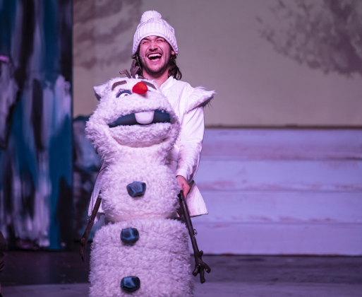 Andrew De La Garza, as Olaf, is  pictured in a scene from the Thursday, November 20, 2025 dress rehearsal of “Frozen,” playing through February 1, 2026 on the Springer Stage. Photo by Andy Sharp.