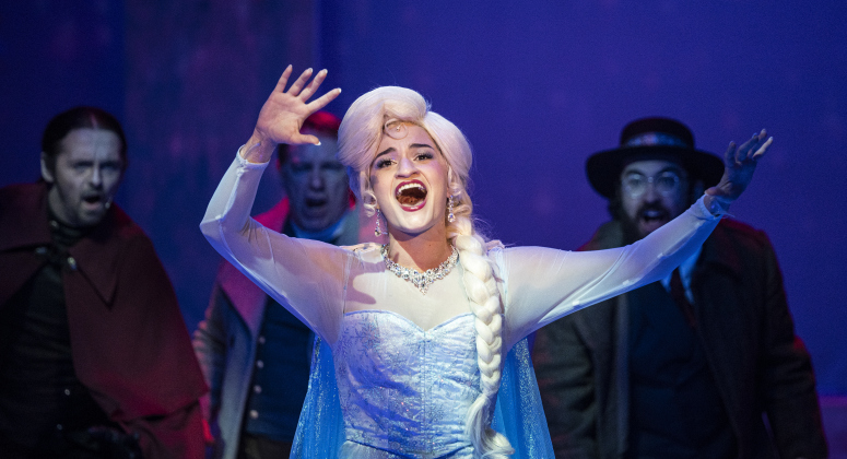 Sara Teeter, as Elsa, is  pictured in a scene from the Thursday, November 20, 2025 dress rehearsal of “Frozen,” playing through February 1, 2026 on the Springer Stage. Photo by Andy Sharp.