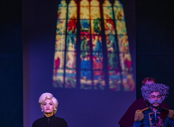 Sara Teeter, left, as Elsa, and Nathan Tran, right, playing Weselton, are pictured in a scene from the Thursday, November 20, 2025 dress rehearsal of “Frozen,” playing through February 1, 2026 on the Springer Stage. Photo by Andy Sharp.