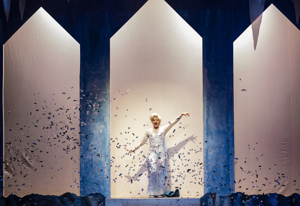 Sara Teeter, playing Elsa, is pictured in a scene from the Thursday, November 20, 2025 dress rehearsal of “Frozen,” playing through February 1, 2026 on the Springer Stage. Photo by Andy Sharp.