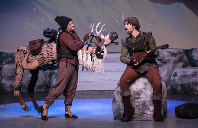 Emma Goolsbey, left, as Sven, and Jon Bristol, playing Kristoff,  are pictured in a scene from the Thursday, November 20, 2025 dress rehearsal of “Frozen,” playing through February 1, 2026 on the Springer Stage. Photo by Andy Sharp.