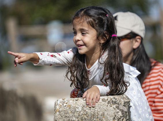 3-year-old R.J. Stellato and her mom Marissa Stellato cheered on the racing ducks during  the 10th Annual AAUW Duck Race held on the river at San Gabriel Park on Saturday, November 1, 2025.  Rubber ducks are placed in the river and race to the finish in several heats.  Winners of winning ducks win prizes.   The event raises funds for area high school student scholarships. Photo by Andy Sharp.
