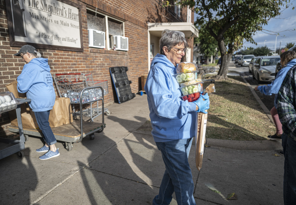 Cindy Bryan was among the volunteers from Taylor’s First United Methodist Church helping distribute food at Shepherd’s Heart Food Pantry in downtown Taylor on Saturday morning, November 1, 2025.