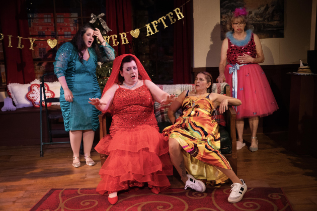 Cari Bernstein — dressed as a bride-to-be in a red dress — portrays Cuddles and Honey Raye. Photos by Lindsey Brisbine