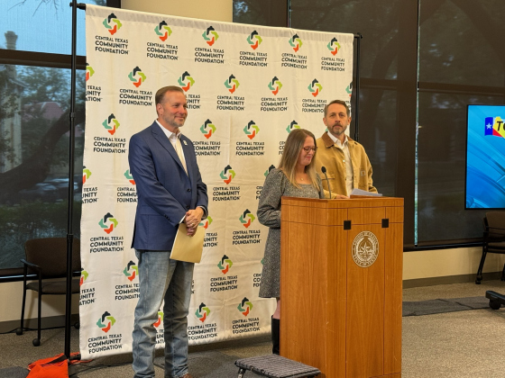 Williamson County Judge Steve Snell, left, Central Texas Community Foundation executive director Amy Merida, center, and Travis County Judge Andy Brown, right, provide an update on the financial assistance to the July floods, December 1. Photo courtesy of  Williamson County.