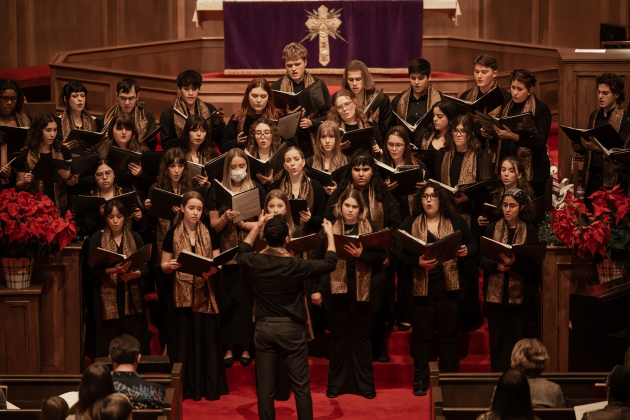 Dr. Daniel Arredondo II directs the Southwestern Chorale during the Southwestern Candlelight Service, The Service of Lessons and Carols, held at Southwestern’s Lois Perkins Chapel on Thursday, December 4, 2025.