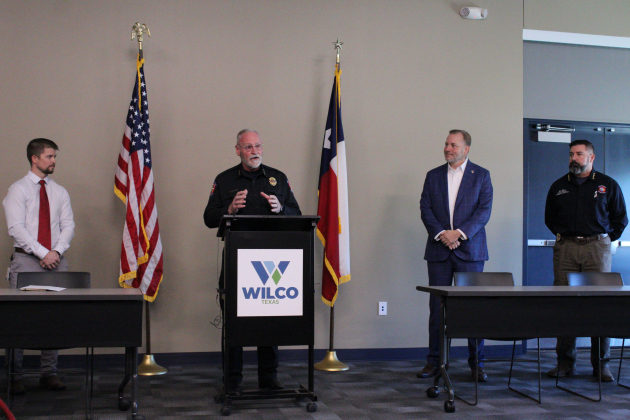 Williamson County emergency officials provide the public with safety information for potential hazardous winter weather. From left: Matt Williamson, Wilco’s road and bridge division director; Bruce Clements, emergency management director; County Judge Steve Snell; and Bill Zito, senior director of Emergency Services.  Photo by Nalani Nuylan
