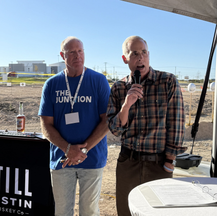 Matt Marshall with Cooley Capital Companies (left) and Mayor Josh Schroeder (right) spoke at The Junction groundbreaking.