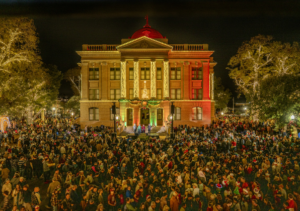 The Williamson County Courthouse was adorned with colorful lights, a view from Main Street  during the Lighting of the Square on Friday, November 28, 2025.  Photo by Andy Sharp.