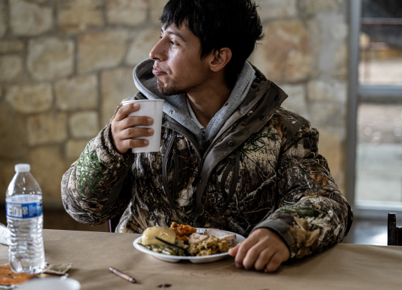 Felipe Nunez, who is homeless, enjoys his meal during  the Georgetown Community Thanksgiving, held at the San Gabriel Community Center on Thursday, November 27, 2025.
