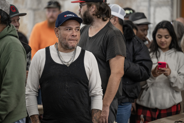 David Valdez, who is homeless, waits in the serving line with other attendees during the Georgetown Community Thanksgiving, held at the San Gabriel Community Center on Thursday, November 27, 2025.