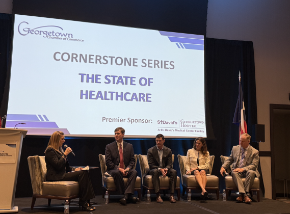 The Cornerstone Luncheon hosted by the Georgetown Chamber of Commerce at the Sheraton Hotel on November 19 featured a panel discussion. (From left to right,) Moderator Denise Seiler, St. David’s Georgetown Hospital Kyle Landry, Lone Star Circle of Care CEO Jon Calvin and Juliana Kerker, director of healthcare relations for HCA Healthcare in Texas. Photo by Abbey Archer
