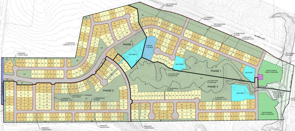 A concept plan for the Bell-Sharkey Municipal Utility District shows 395 lots east of Inner Loop and north of University Avenue, with the San Gabriel River to the north. The orange lots are 47 feet by 125 feet, and the yellow lots are 52 feet by 125 feet. 