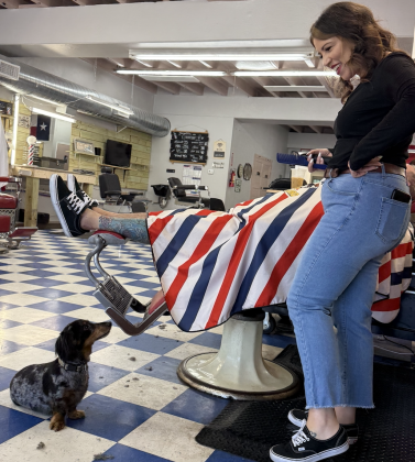 Mandy Guerra, the shop owner, greeting Sebastian while she cuts hair.
