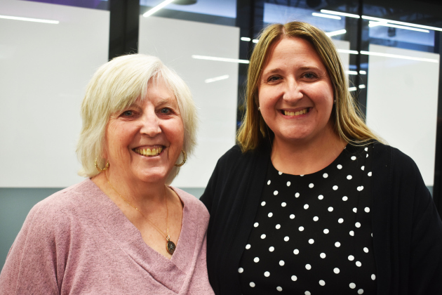 Retiring GISD Trustee Stephanie Blanck, left,  and incoming Trustee Laura Kincheloe at Ms. Blanck’s final school board meeting. Ms. Kincheloe will serve until the May 4 election in which she’ll be a candidate.  PHOTO CREDIT KATHERINE HAMILTON
