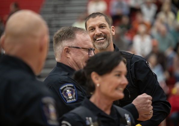 Georgetown Police Department members, including (left to right) Commander Erik Grasse, Assistant Chief Roland Waits, Lt. Aaron White and Officer Shannon Hall were giving maximum effort against their opponents,  the Texas Fire Ants, during a  Granny Basketball matchup held at East View High School on Saturday, January 17, 2026.  The game, won by the Fire Ants, with a final score of 55-47,  benefits the Carver Center for Families.      Photo by Andy Sharp.