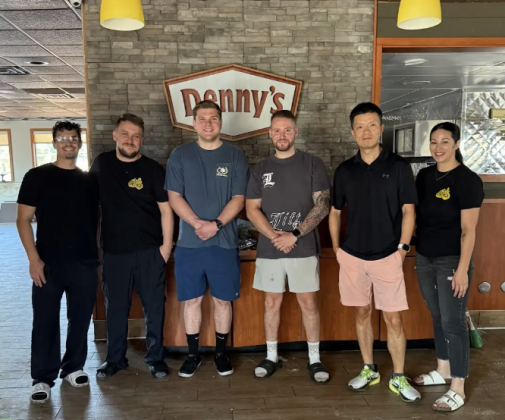 Grey Orchard team standing inside of Denny’s on October 2, the first day of the demolition. (Left to right) Sous Chef Damian Eimann, Executive Sous Chef Phil Varney, Collin Polley (General Manager of sister restaurant Fig Italian), Chef Partner Cole Fitzgerald, Owner James Sun, and Marketing/Events Sara Alarcon. Not pictured is the pastry chef Kat Sees. 