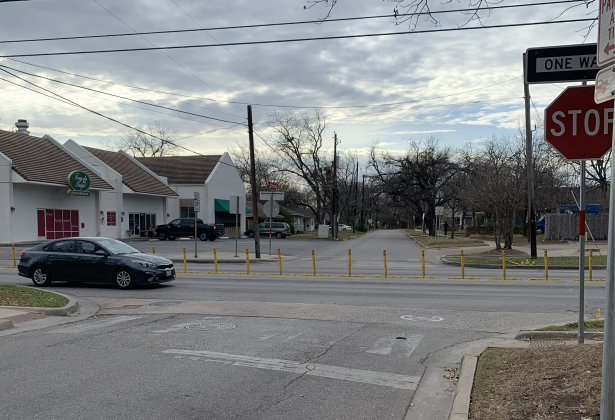 The current intersection of Church Street and University Avenue/State Highway 29 features a stop sign with poles that prohibit left-hand turns. (Photo by Kaitlyn Wilkes)