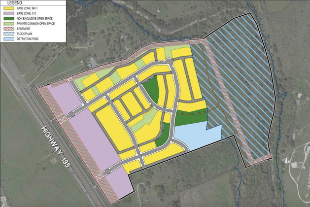 This map shows where the commercial, residential, greenspace and floodplain are located within the property. The purple shows the commercial buildings toward the front, with the yellow residential being behind it. The light green shows private common spaces and the dark green shows public common spaces. The back of the property is hatched in blue because it is in a flood plain. However, there will be a multi-use trail on that part of the property. (Courtesy of City of Georgetown)