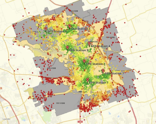 This map of the Georgetown area shows current response times from Georgetown fire department, with green being under the 10 minute response time goal and red showing places where it takes longer than 10 minutes to arrive. (Courtesy Georgetown Fire Department)