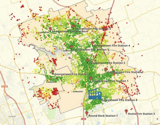 With the new fire station near Teravista, and a pilot EMS model, there are more green areas in southern Georgetown, showing response times under 10 minutes.