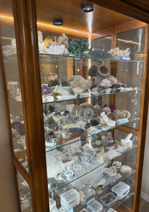 Case displaying Ken Oliver's gem and mineral collection in his living room.