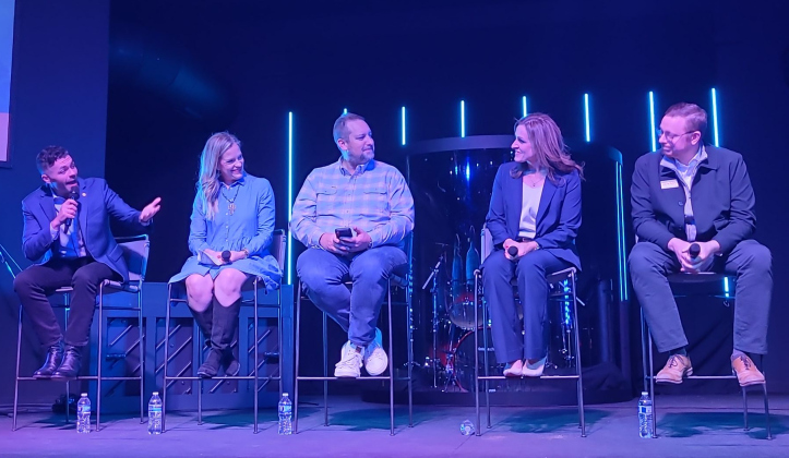 From left, Representative Nate Schatzine of District 93, Wilco GOP Chair Michelle Evens and Pastor Nate Brown of Vintage Church in Liberty Hill interview Sarah Moore and Ryan Bownds in a Republican candidate forum for the Judge of the  512th District Court, January 29. Photo by Nalani Nuylan.
